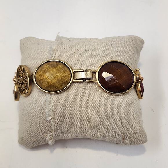 Oval Panel Earth Tone Faceted Rhinestone Bracelet Gold Tone Brown Yellow Jewelry - Picture 2 of 5